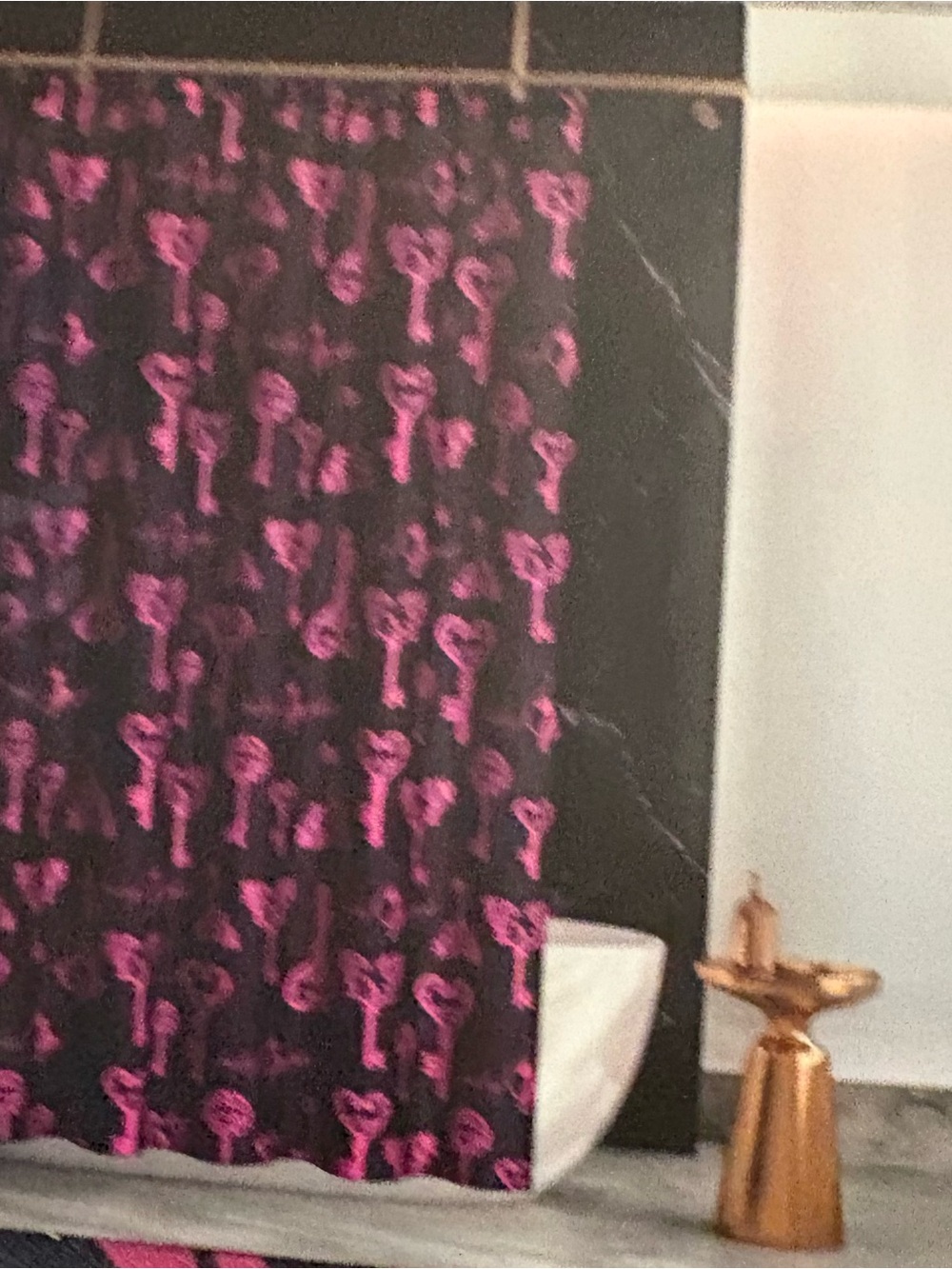 Baby Phat Black Shower Curtain with Pink Key Heart Pattern